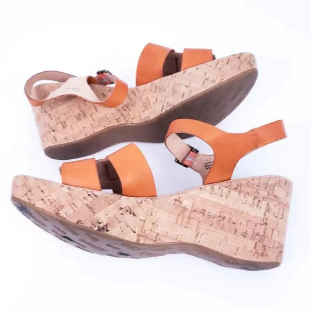 Korks by Kork Ease Leather Wedge Sandal 9M Open Toe, Ankle Strap, Orange Tan
